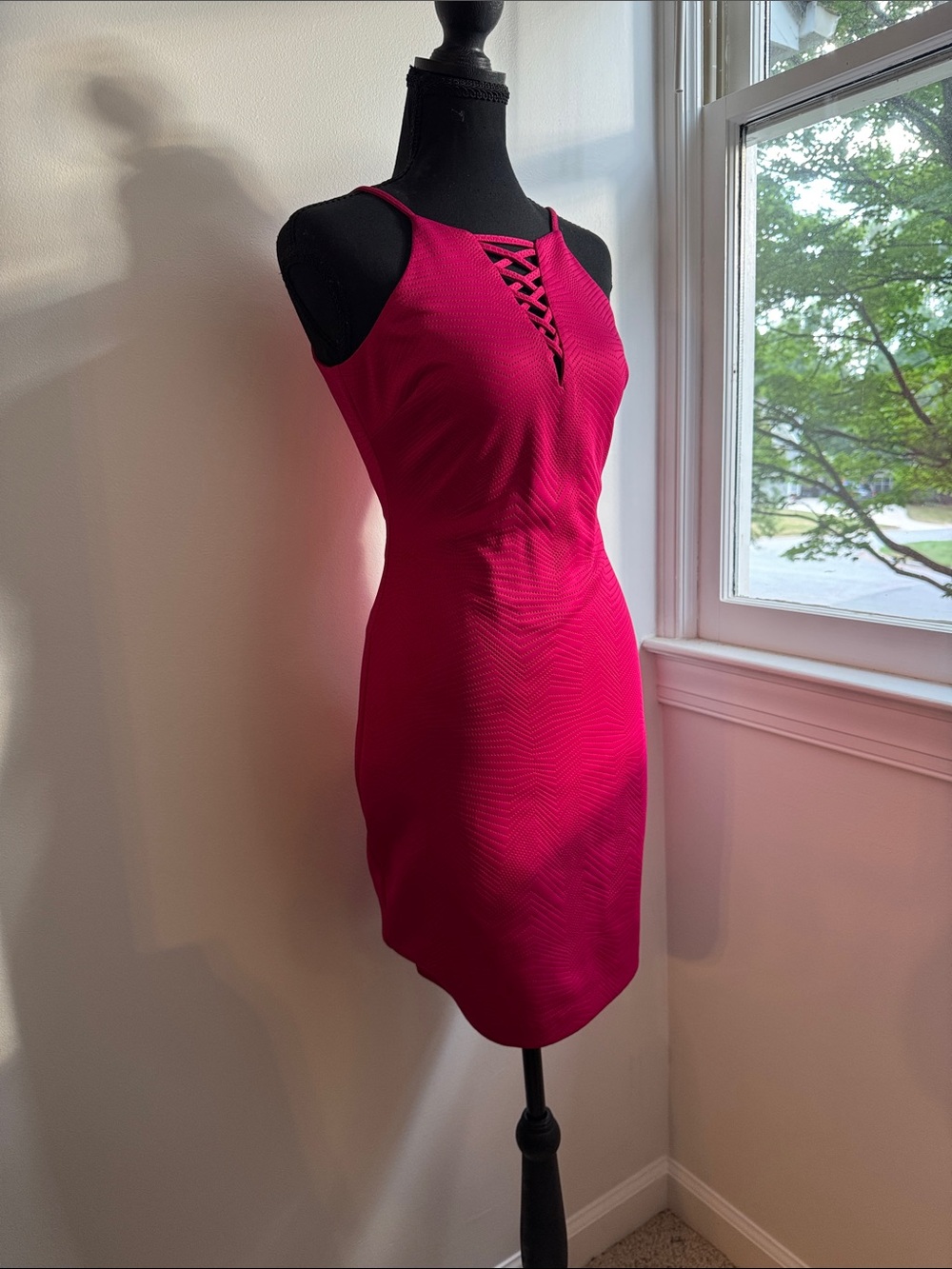 Guess Los Angeles Raspberry- Hot Pink Fixed Lace-Up Sheath Mini Dress - Picture 2 of 13